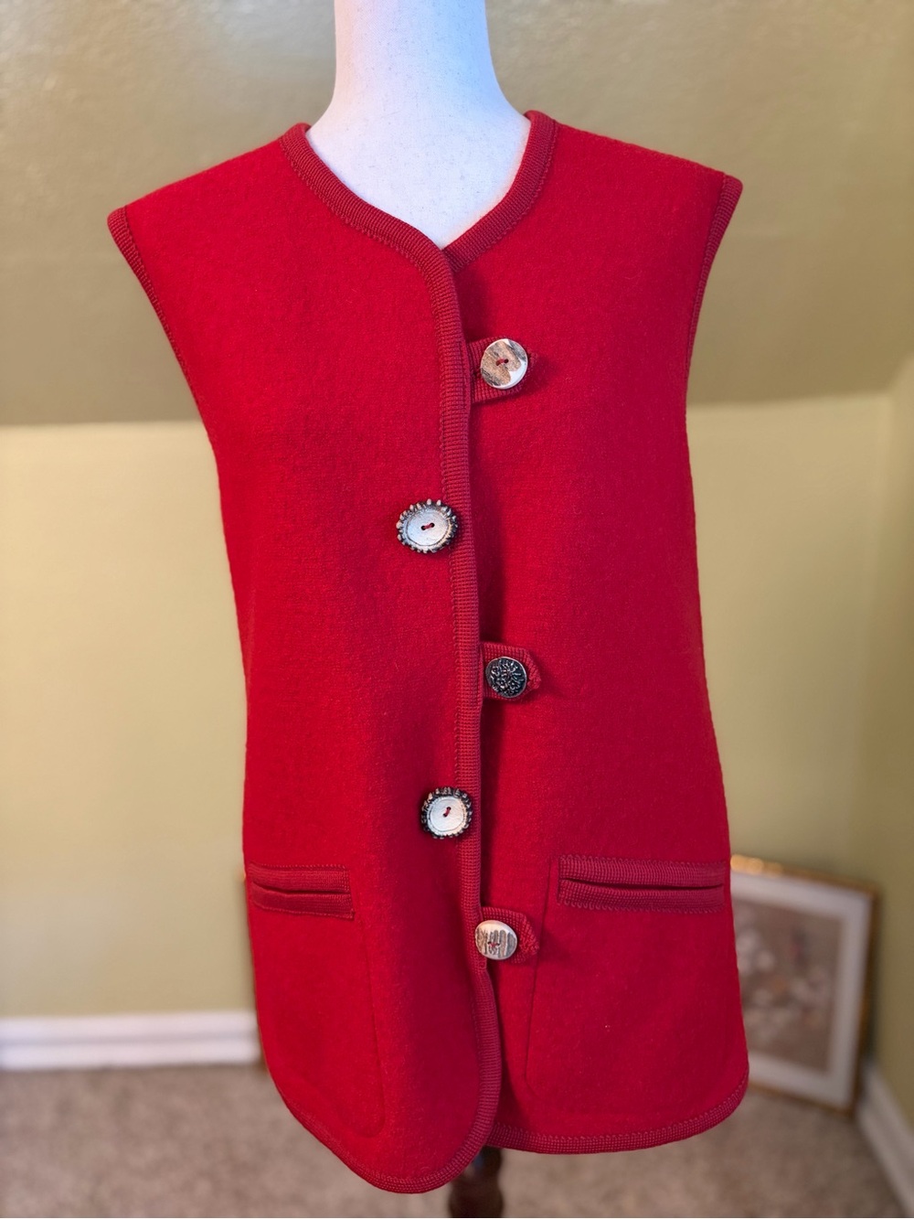 Vintage 1980s Petressa Red Boiled Wool Austrian Trachten Vest Oktoberfest EU 42